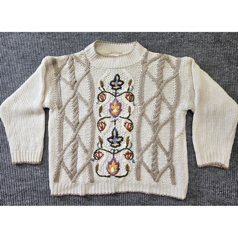 Vintage Huntington Ridge Sweater Womens Large White Floral Embroidered Cable 80s